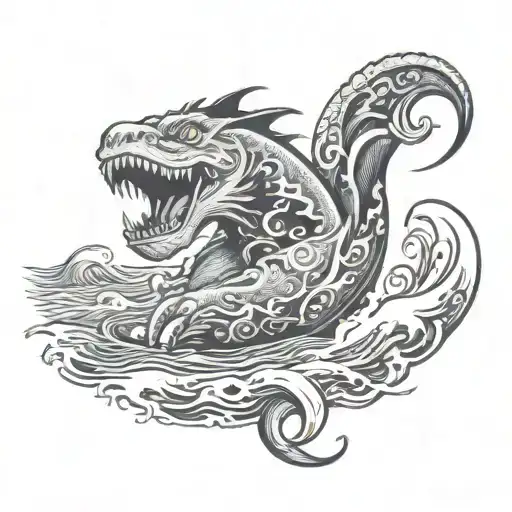 "mother beast" above friendly sea monster emerging from the ocean waves crashing tattoo design idea