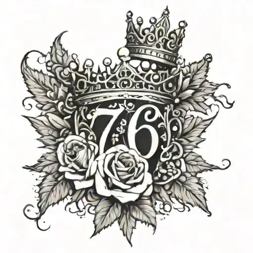 number 76 surrounded by rose spikes making a crown tattoo design idea