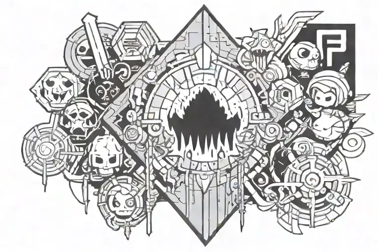 Create a tattoo that combines the gaming worlds of Dota 2, Minecraft, Dead by Daylight and Little Nightmares, and the inscription ' tattoo design idea