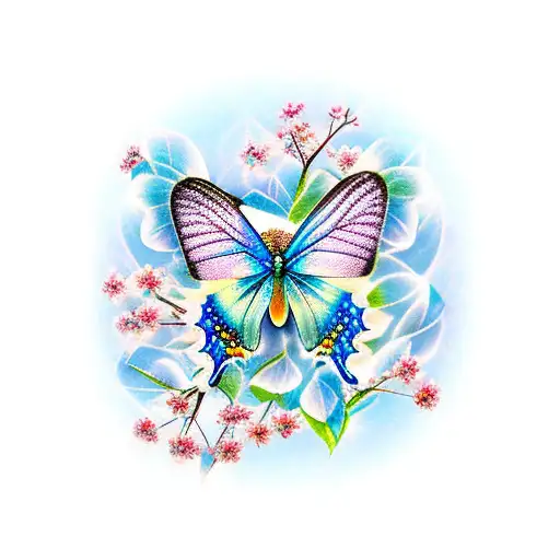 Blue butterfly on sakura with virgo sign tattoo design idea