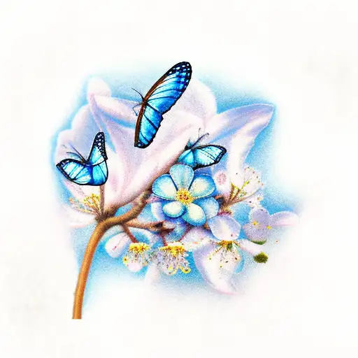 Blue butterfly on sakura with virgo sign tattoo design idea