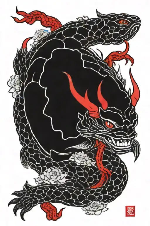 hannya oni black and white snakes red spider lily with a turtle shell style a red carp oryu a deer black white red yello tattoo design idea