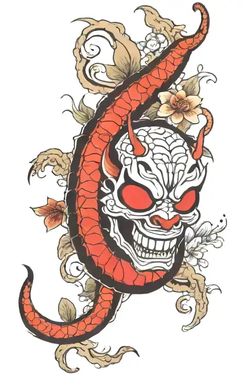 hannya white and black snakes with a turtle shell style red spider lilys a red carp oryu and a deer. tattoo design idea