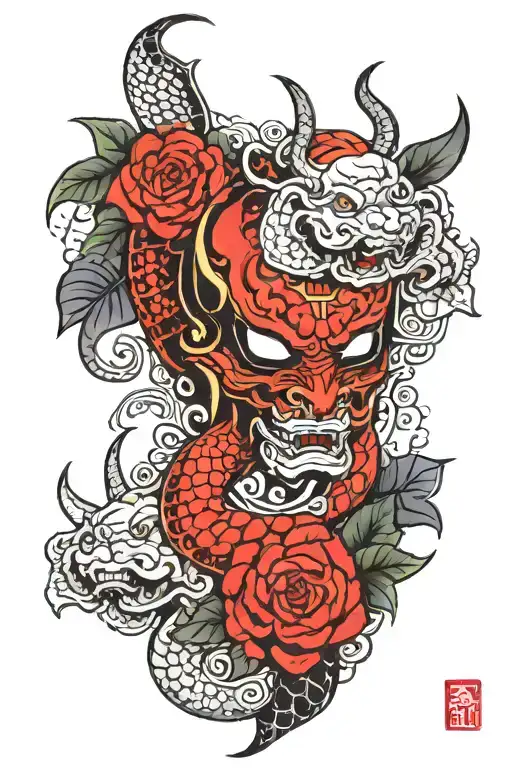 hannya white and black snakes with a turtle shell style red spider lilys a red carp oryu and a deer and a bat  tattoo design idea