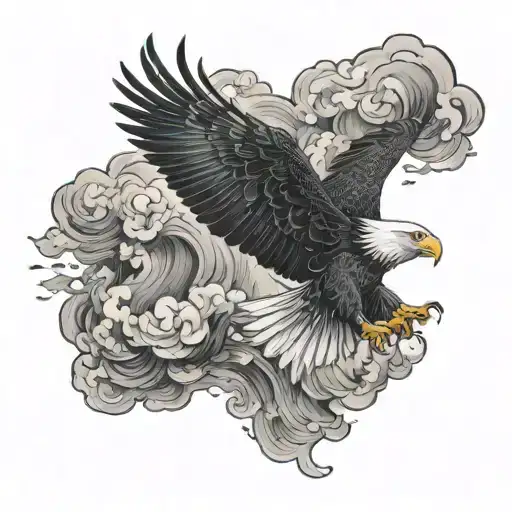A fierce eagle soaring through a turbulent storm cloud tattoo design idea