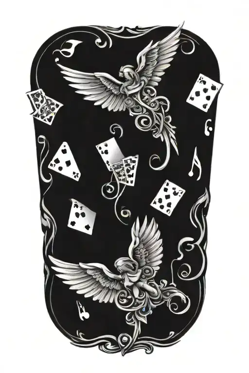 poker cards  floating musical notes angel wings  tattoo design idea