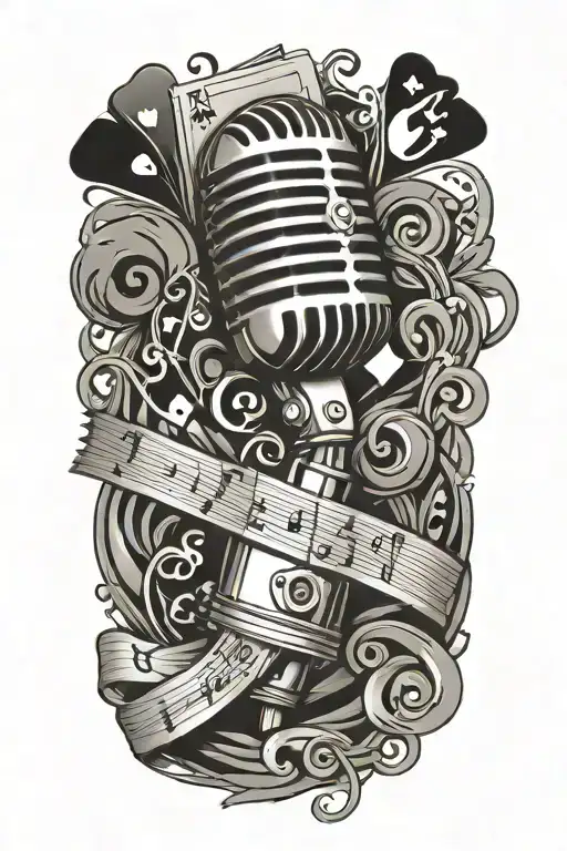 magic poker cards floating musical notes microphone tattoo design idea