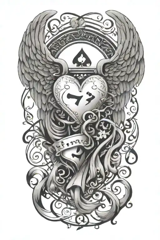 poker cards  floating musical notes angel wings  tattoo design idea