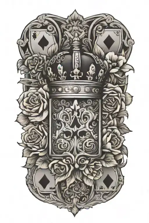 poker cards with a crown surrounded by bold flowers tattoo design idea
