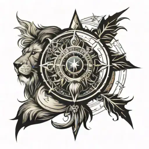 Face of lion and compass yin yang symbol formed tattoo design idea