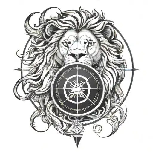 Face of lion and compass yin yang symbol formed tattoo design idea