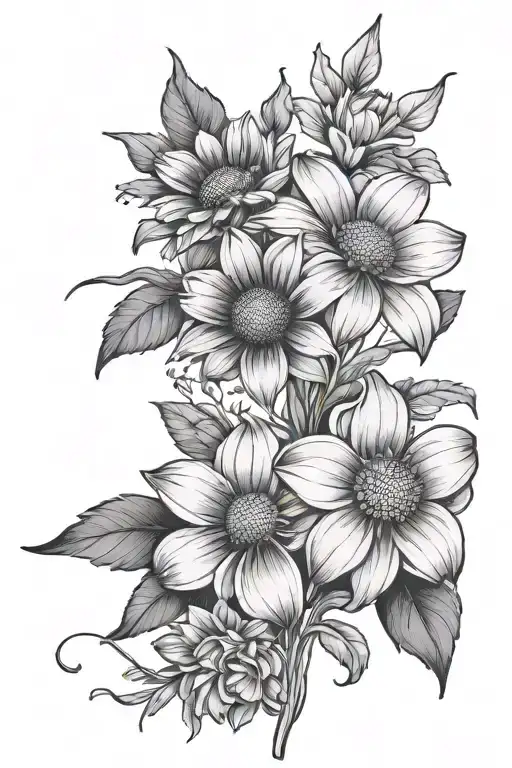 A minimalist design featuring a bouquet of one daisy, one daffodil, one rose, and two mums intertwined together tattoo design idea