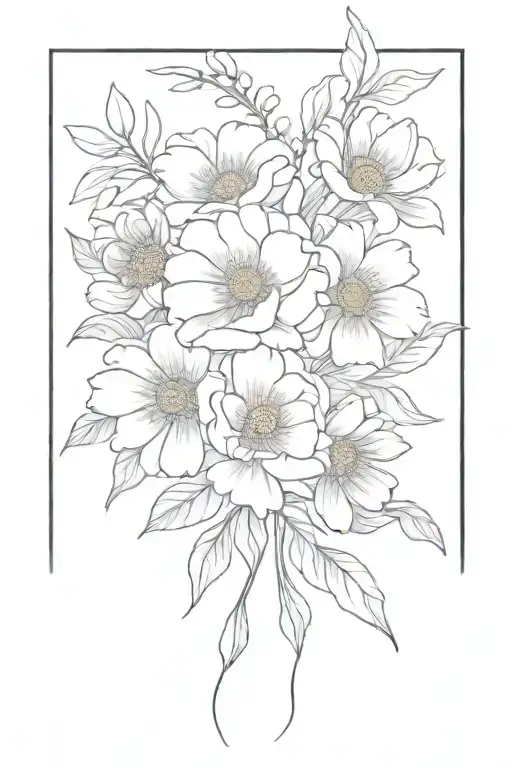 A minimalist design featuring a bouquet of daisies, daffodils, roses, and peonies intertwined together  tattoo design idea