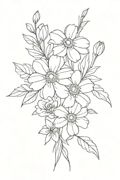 A minimalist fine line design featuring a bouquet of daisies, daffodils, roses, and peonies intertwined together  tattoo design idea