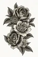 A minimalist design featuring a bouquet of daisies, daffodils, roses, and peonies intertwined together  tattoo design idea