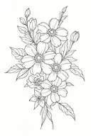 A minimalist fine line design featuring a bouquet of daisies, daffodils, roses, and peonies intertwined together  tattoo design idea