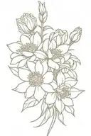 A minimalist fine line design featuring a bouquet of daisies, daffodils, roses, and peonies intertwined together  tattoo design idea
