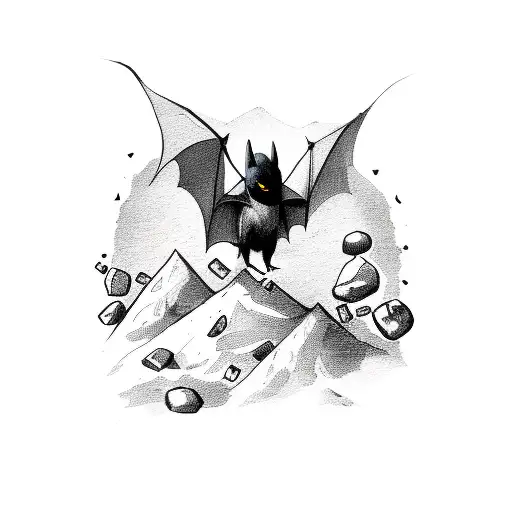 A bat perched on top of a mountain peak, with coffee beans scattered around tattoo design idea