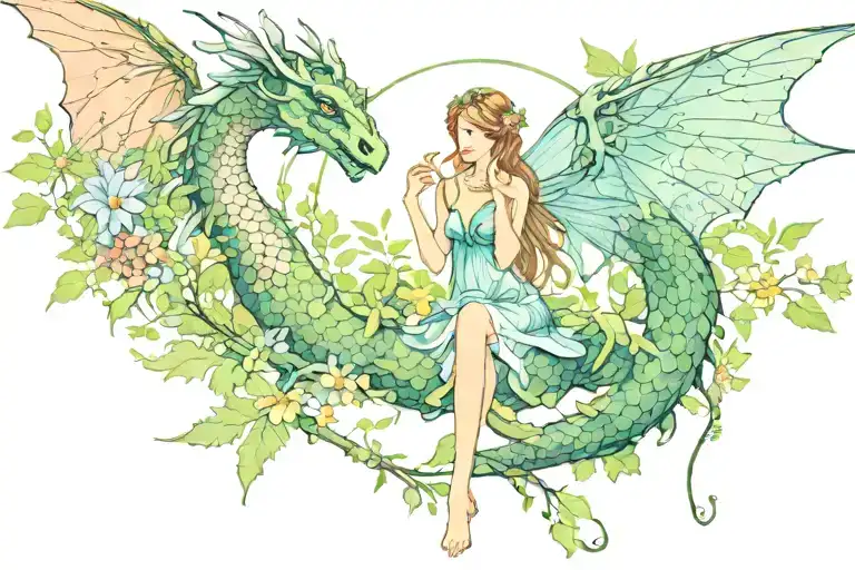 fairy surrounded by nature and a dragon tattoo design idea