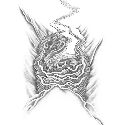 An abstract representation of the spine as a winding river flowing through a mountain range tattoo design idea