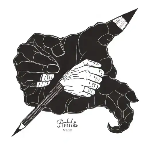 A minimalist blackwork tattoo of a father and daughter's hands holding a pencil together, with the words 'daddy's little girl' subtly incorporated into the design tattoo design idea