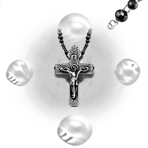 mexican style rosary beads necklace with names of family in cursive tattoo design idea
