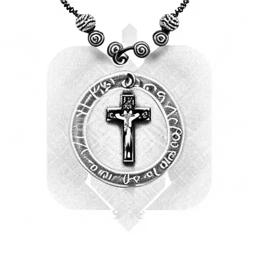 rosary beads necklace with cursive names of family tattoo design idea