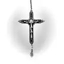 rosary beads necklace with names of family in cursive tattoo design idea