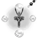mexican style rosary beads necklace with names of family in cursive tattoo design idea