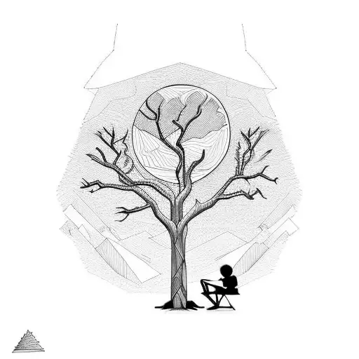 a child sitting on a dead tree watching a sunset tattoo design idea