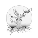 the grim reaper on a dead tree in front of a sunset tattoo design idea