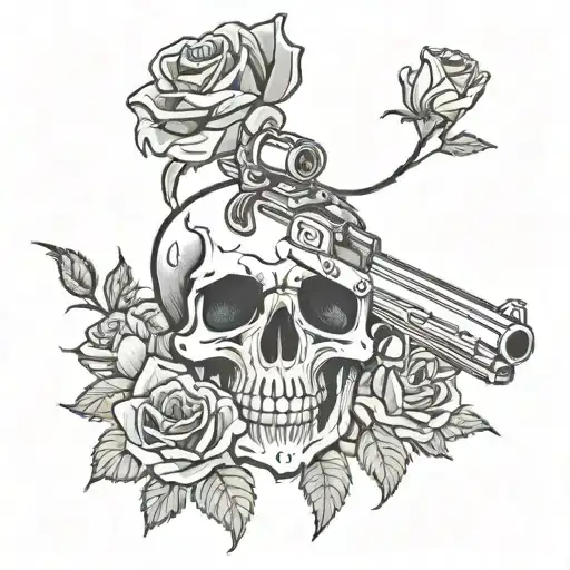 A skull with red roses growing out of its eye sockets and a gun in its mouth tattoo design idea