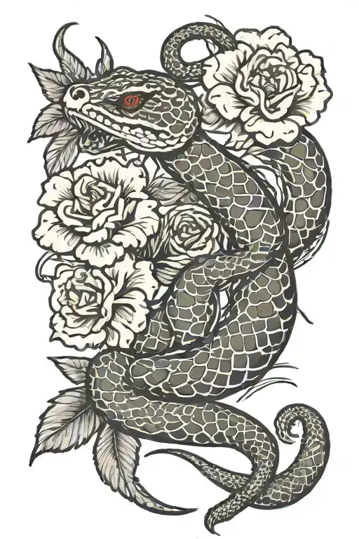 rattlesnake and carnations flowers tattoo design idea