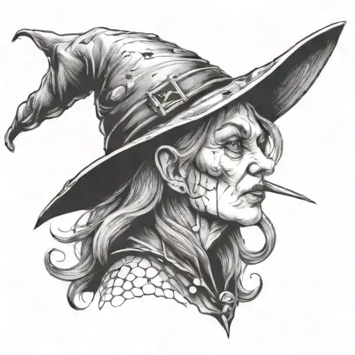 old witch with warts and a pointy nose wearing a hat   tattoo design idea