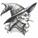 old witch with warts and a pointy nose wearing a hat   tattoo design idea