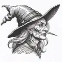 old witch with warts and a pointy nose wearing a hat   tattoo design idea