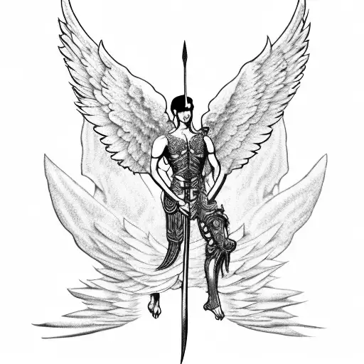 Angel with big wings, kneeling with a sword, his torso turns into tree roots into the ground tattoo design idea