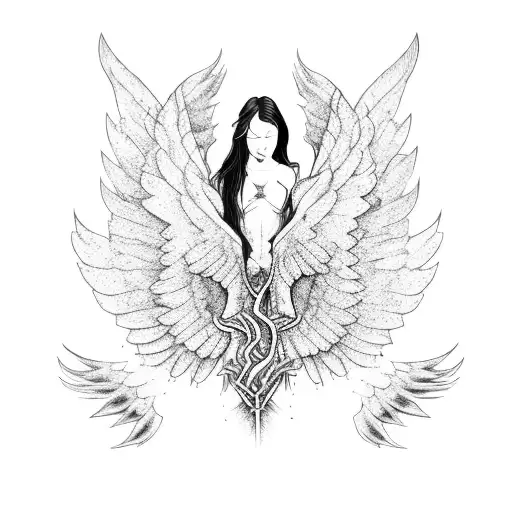 Angel with big wings, kneeling with a sword, his torso turns into tree roots into the ground tattoo design idea