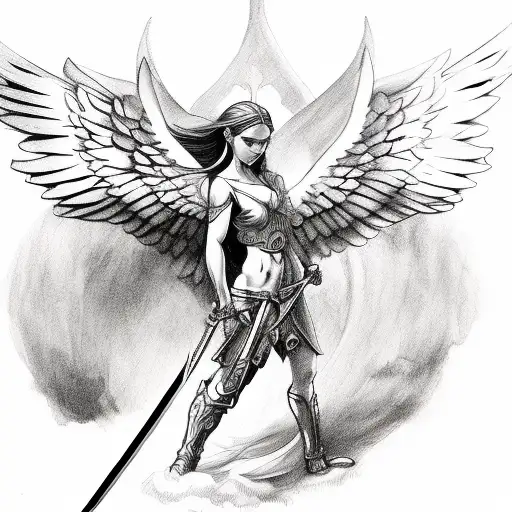 take this wing and add a fallen angel holding a sword who's torso is made of wood tattoo design idea