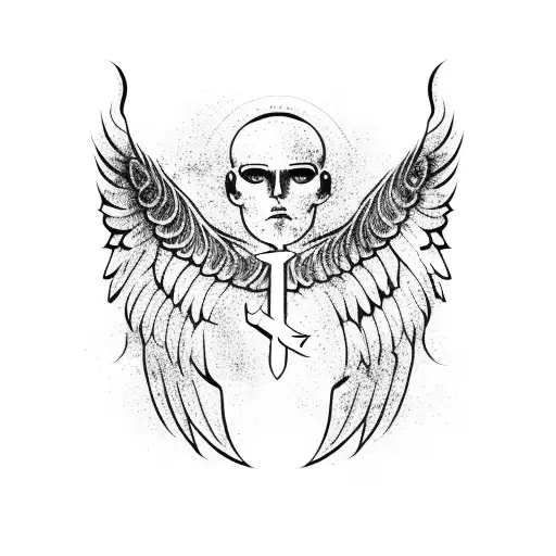 Fallen angel with widespread wings holding a sword, torso turns into roots tattoo design idea