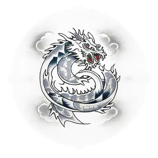 sleeve with japanese dragon, 2 koi fish and sakura leaves tattoo design idea