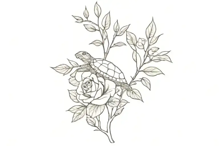 Rose, turtle, and willow branch tattoo design idea