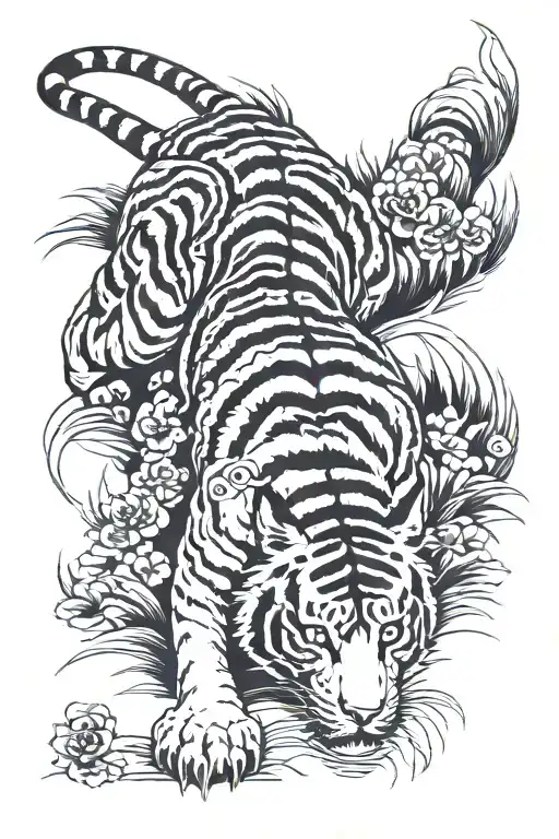asian tiger crawling down, surrounded by bush tattoo design idea