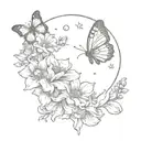 Moon with Butterfly and Flowers tattoo design idea