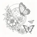 Moon with Butterfly and Flowers tattoo design idea