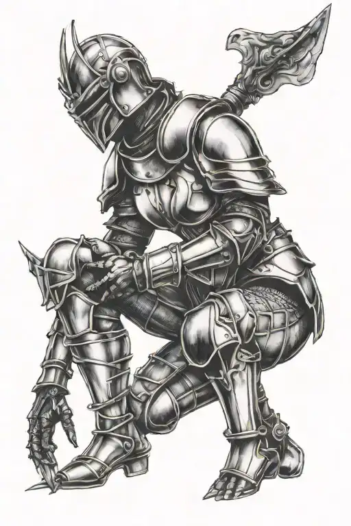 kneeling woman in knight armour tattoo design idea