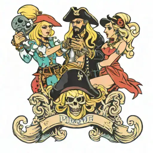 four people in pirate blondes spinning  tattoo design idea