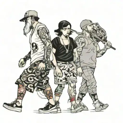 four people in shorts walking  tattoo design idea