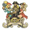 four people in pirate blondes spinning  tattoo design idea