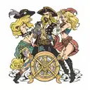 four people in pirate blondes spinning  tattoo design idea